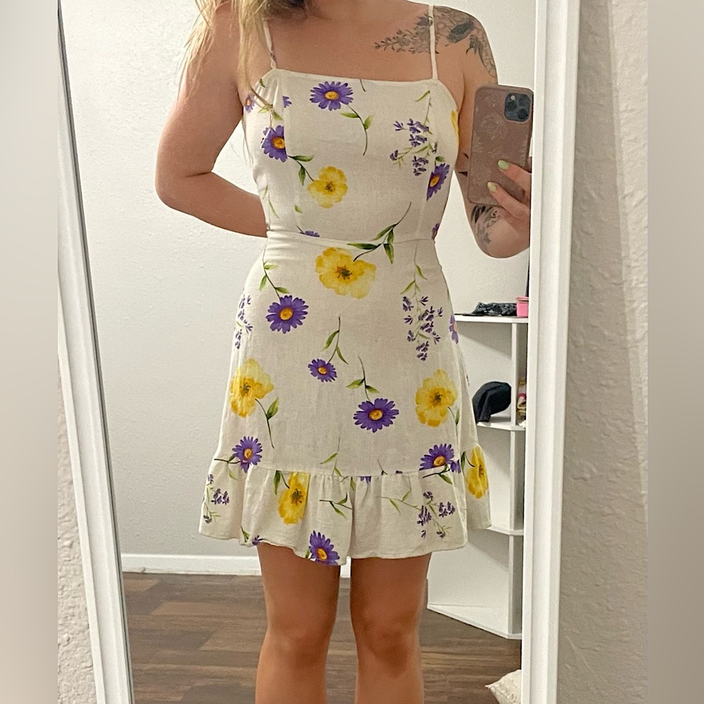 Forever 21 Yellow and Purple Flower Linen Dress
